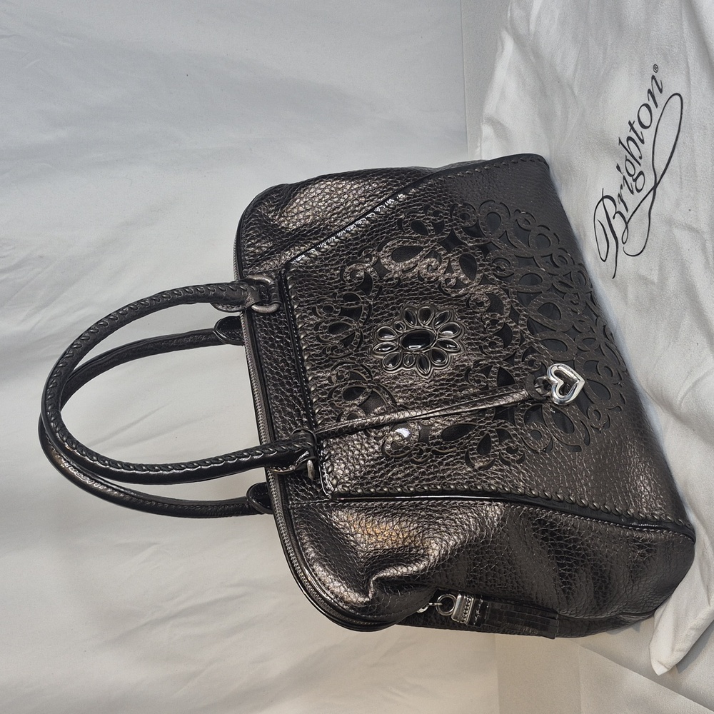 BRIGHTON PEWTER JOELLE  PEBBLED LEATHER  BEADED EMBOSSED DOCTORS BAG MRP$440NWOT - Picture 4 of 16